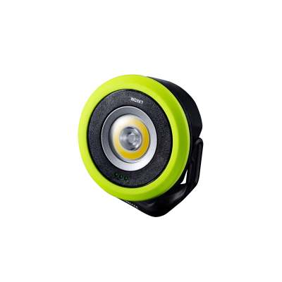 Lanterna redonda preta com anel verde fluorescente e lente central, texto MOZO no topo