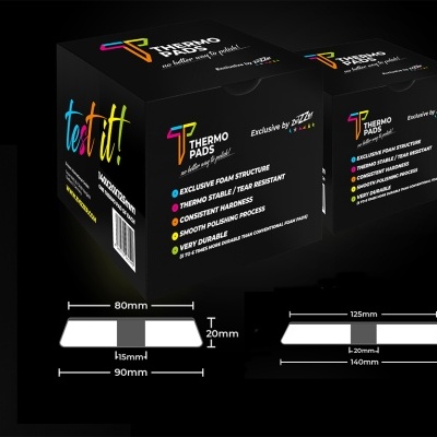 Embalagem preta de Thermo Pads com texto colorido e medidas técnicas em fundo negro