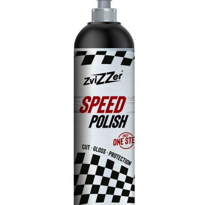 Frasco de polidor automóvel ZviZZer Speed Polish com rótulo xadrez preto e branco