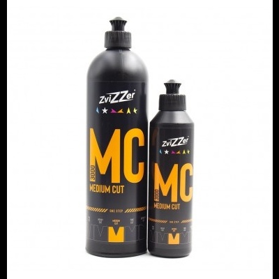 Duas garrafas pretas de produtos para polimento ZviZZer MC Medium Cut