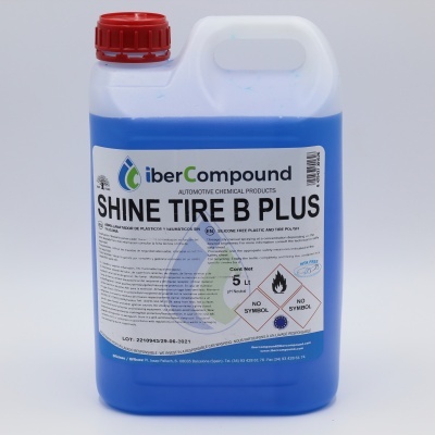 Recipiente plástico branco com líquido azul e rótulo do produto Shine Tire B Plus