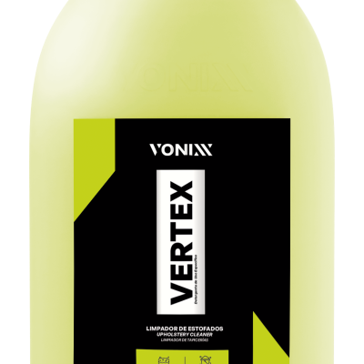 Garrafão amarelo claro com rótulo preto e verde VONIXX VERTEX limpador de estofados 5L