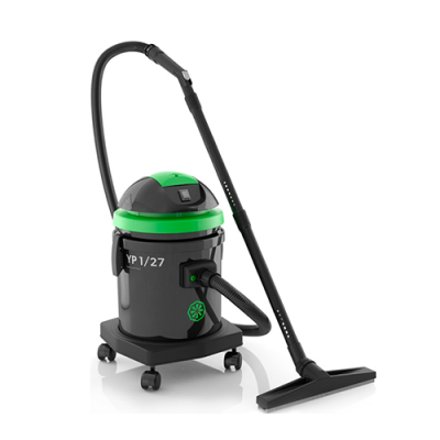 aspirador de pó industrial cinzento e preto com detalhes verdes e texto YP 1/27