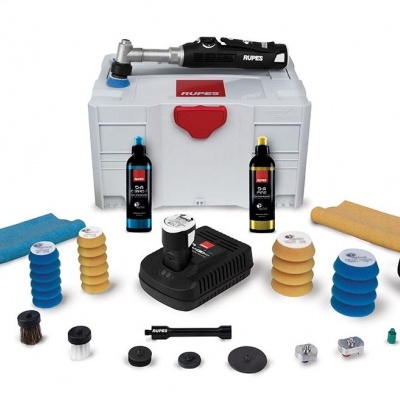 Conjunto de ferramentas para polimento com máquina elétrica, garrafas, esponjas e caixa branca