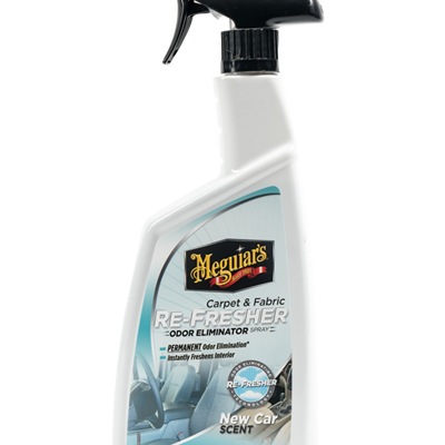 Frasco pulverizador do produto Megaquiar's Carpet & Fabric Re-Fresher Odor Eliminator Spray com texto e imagem de carro.