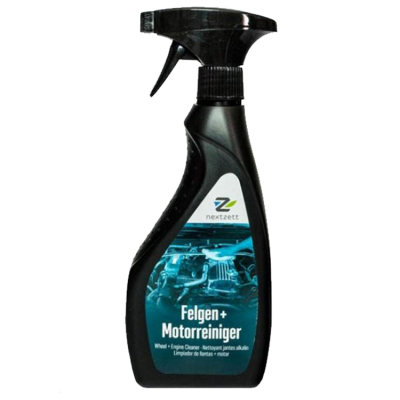 Frasco pulverizador preto de produto de limpeza para jantes e motor com rótulo azul e preto