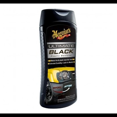 Frasco negro de Meguiar's Ultimate Black Plastic Restorer com rótulo preto e amarelo