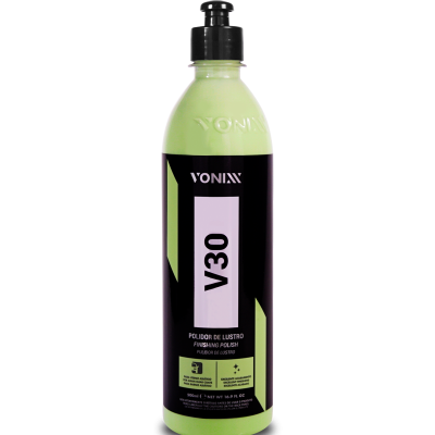 Frasco verde com tampa preta e etiqueta preta do Polidor de Lustro YONIXX V30