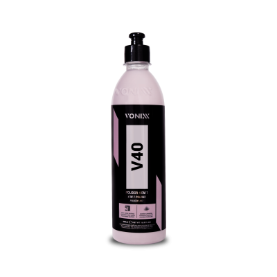 Frasco plástico rosa claro com rótulo preto e texto VONIXX V40 POLIDOR 4 EM 1 4 IN 1 POLISH