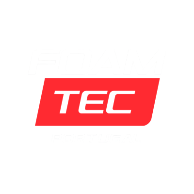 Logotipo FOAM TEC PORTUGAL em branco e vermelho sobre fundo preto