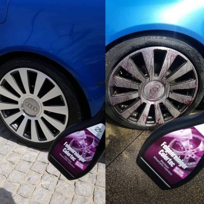 Comparação de jante de Audi limpa e suja com produto de limpeza Felgenreiniger LÖSERTEC em destaque