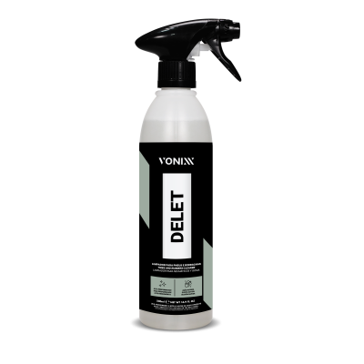Borrifador plástico translúcido com tampa preta e rótulo VONIXX DELET