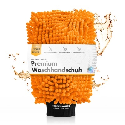 Luva de lavagem Premium laranja de microfibra com franjas e etiqueta branca
