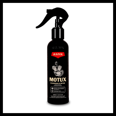 Frasco preto com pulverizador do renovador de motor MOTUX da marca RAZUX