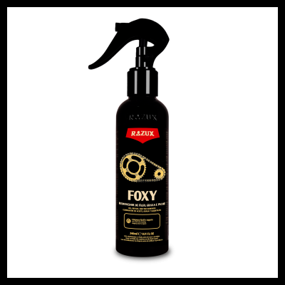 Frasco spray lubrificante FOXY da marca RAZUX preto com texto dourado e vermelho
