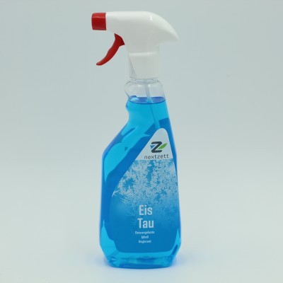 Frasco de spray azul com etiqueta e parte superior branca com vermelho