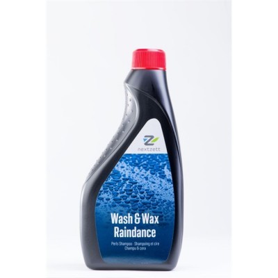 Frasco preto com tampa vermelha e rótulo azul de produto Wash & Wax Raindance