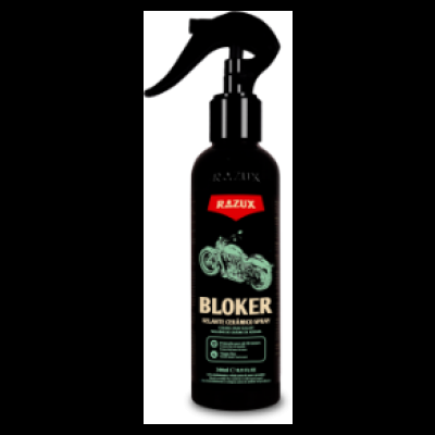 Frasco preto com spray preto RAZUX BLOKER Silicone Ceramic Spray com imagem de mota