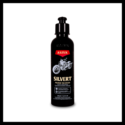 Frasco preto RAZUX SILVERT pó para riscos com rótulo de moto e texto