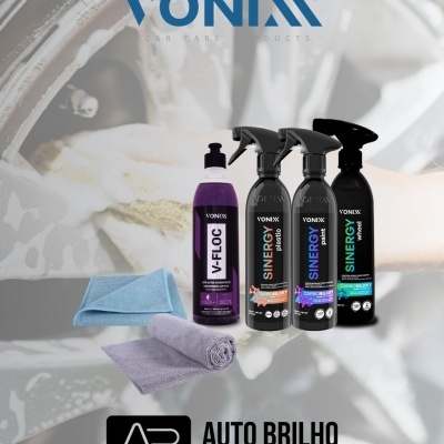 Produtos VONIXX para cuidados de carros com panos e logotipo AUTO BRILHO