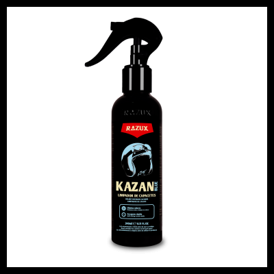 Frasco spray preto com etiqueta do produto RAZUX KAZAN Limpador de Cascos