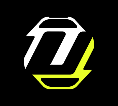 Logótipo geométrico em preto, branco e amarelo fluorescente