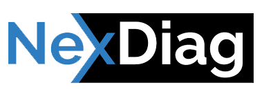 Logótipo com texto 'NexDiag' em azul claro e branco sobre fundo preto