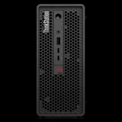 Computador desktop Lenovo ThinkStation preto com frentes de grelha hexagonal