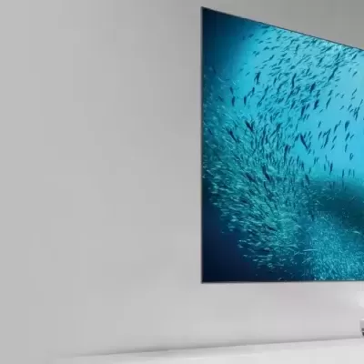 Sala branca com televisão grande mostrando imagem subaquática azul com mergulhador e peixes