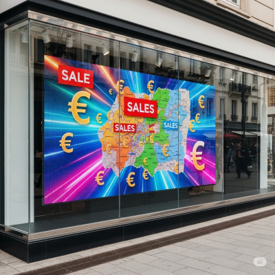 Montra de loja com ecrã digital mostrando mapa da Europa com símbolos de euro e palavras SALE