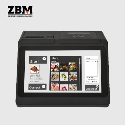 Dispositivo POS preto com ecrã tátil a cores mostrando menu de restaurante e recibo digital