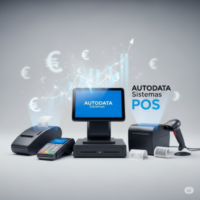Sistema POS AUTODATA com monitor táctil azul e dispositivos de pagamento em fundo cinza
