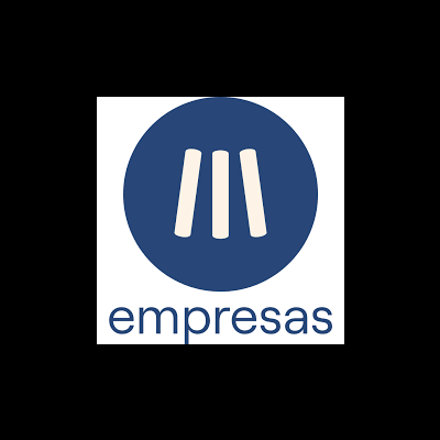 Logótipo de empresas com três formas verticais brancas num círculo azul escuro