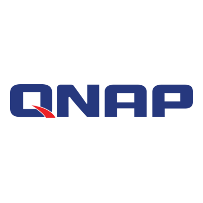 Logótipo da marca QNAP com letras azuis e detalhe vermelho