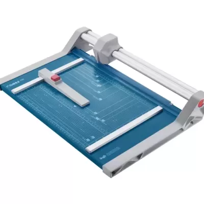 Guilhotina de papel azul e branca com marcações e alavanca