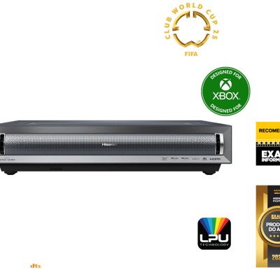 Barras de som Hisense com logotipos de parceria e tecnologias em fundo preto