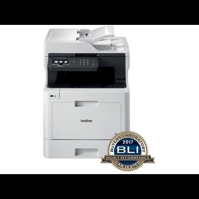 Impressora multifunções Brother branca com painel digital e selo BLI 2017 Highly Recommended.