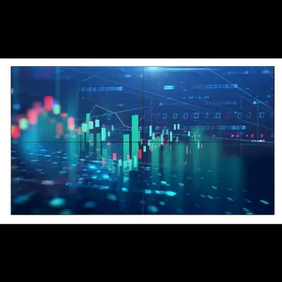 Gráfico financeiro digital colorido com barras e linhas num fundo azul escuro