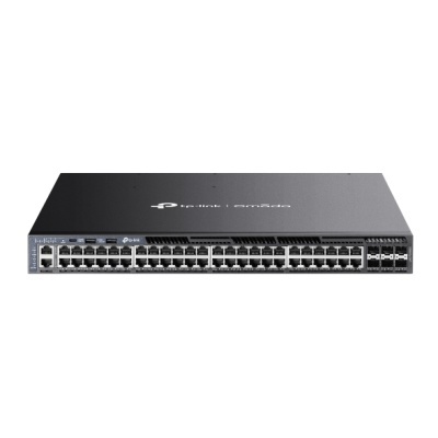 Switch de rede TP-Link preto com múltiplas portas Ethernet e slots SFP+
