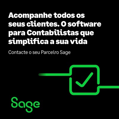 Anúncio do software Sage para contabilistas com texto branco e logotipo verde em fundo preto