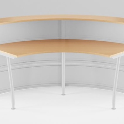 balcão de receção em forma de L branco com tampo em madeira clara