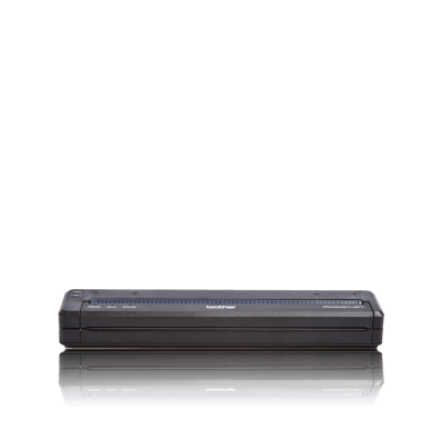 Impressora pequena Brother preta com visor e botões refletida.