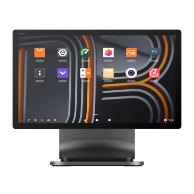 Monitor computador preto com ícones no ecrã e fundo geométrico