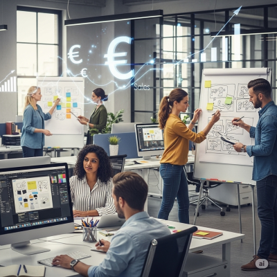 Escritório moderno com pessoas e elementos digitais de euros e gráficos