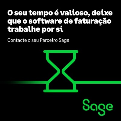 Anúncio em fundo preto com texto branco, ampulheta verde e logótipo Sage