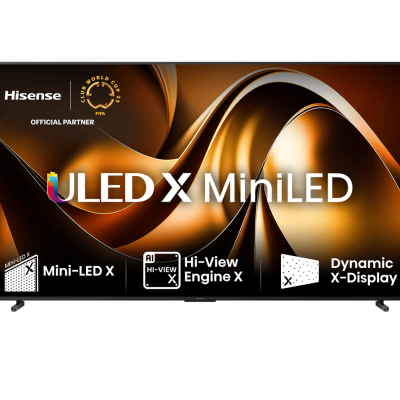 Televisor Hisense ULED X MiniLED com fundo dourado abstrato