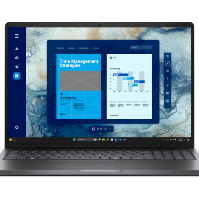 Computador portátil prateado com ecrã a mostrar gráficos e texto em inglês.