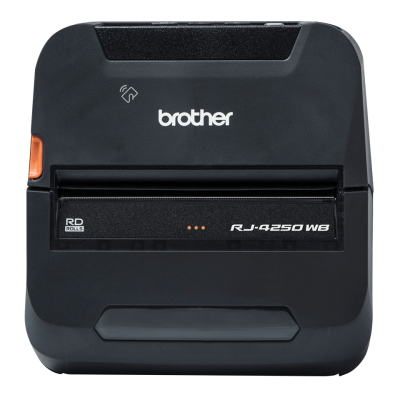 Impressora portátil Brother preta com texto branco e botão laranja