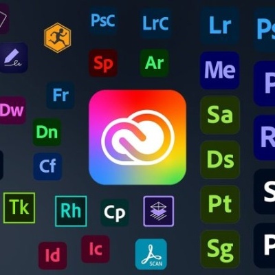 Ícones coloridos de aplicações Adobe sobre fundo preto incluindo Adobe Creative Cloud no centro.