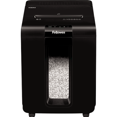 Trituradora de papel preta Fellowes com janela transparente mostrando papel triturado